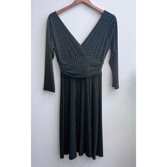 Maggy London V-Neck 1/4 Sleeve Geometric Green Yellow Print Mod Dress Size 10 - Picture 2 of 8